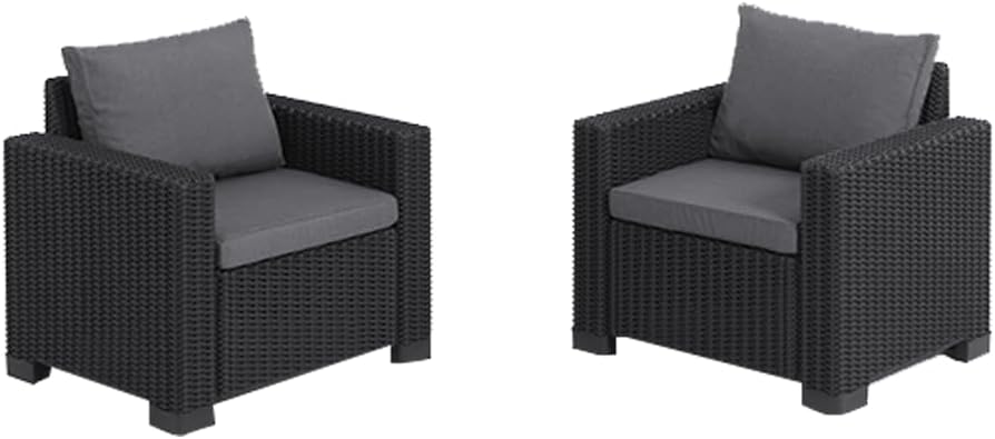 Allibert by Keter Gartenlounge Sessel California, graphit/cool grey, 2er Set, inkl. Sitz- und Rückenkissen, Kunststoff, runde Rattanoptik, 83 x 68 x 72 cm
