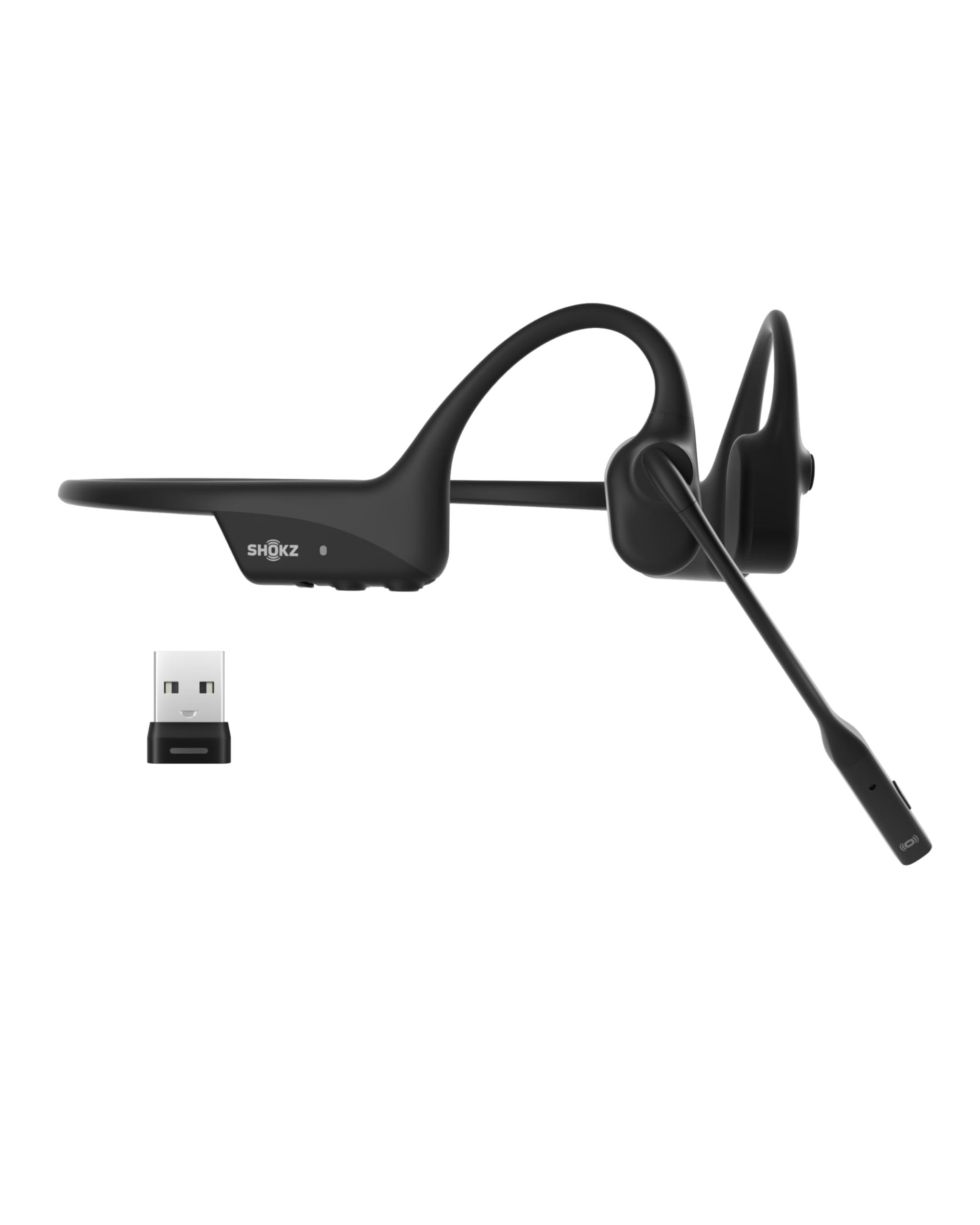 SHOKZ OpenComm2 UC 2025 Upgrade Conduction osseuse avec Adaptateur USB-A, écouteurs Bluetooth Oreilles Libres avec Micro Anti-Bruit, écouteurs sans Fil, 16 Heures d’autonomie, Signet de, Noir
