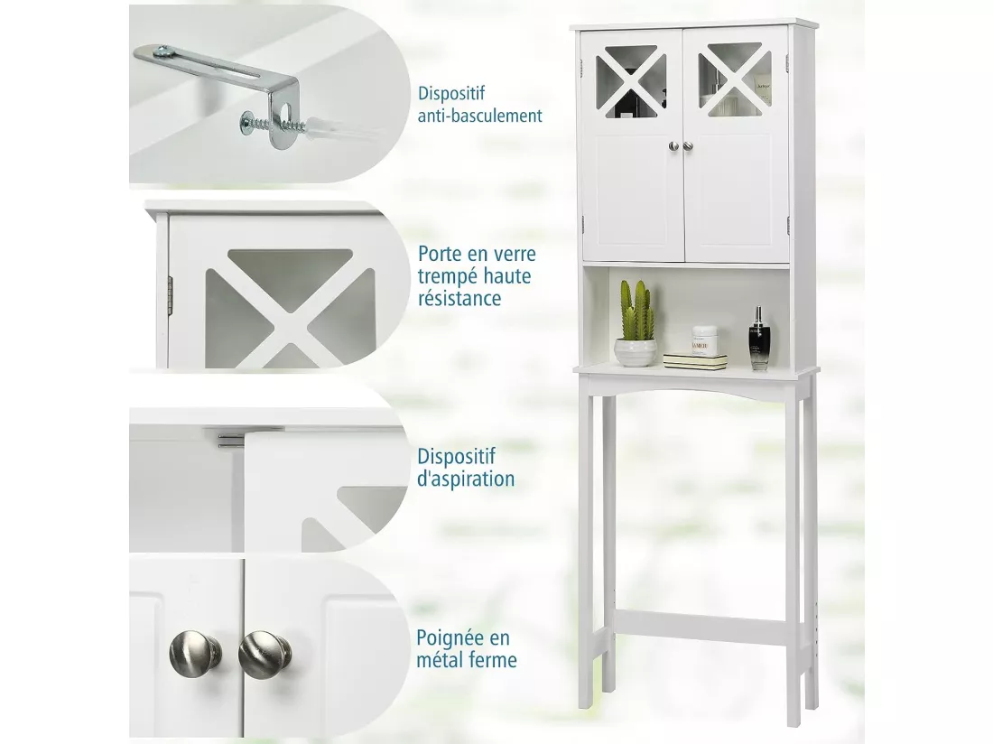Meuble WC au-Dessus des Toilettes Étagère de Rangement de Salle de Bain Hauteur Réglable 2 Portes avec Verre Trempé, Blanc