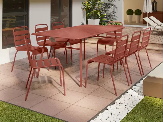 Salle à manger de jardin en métal - une table L.200 cm et 8 chaises empilables - Terracotta - MIRMANDE de MYLIA