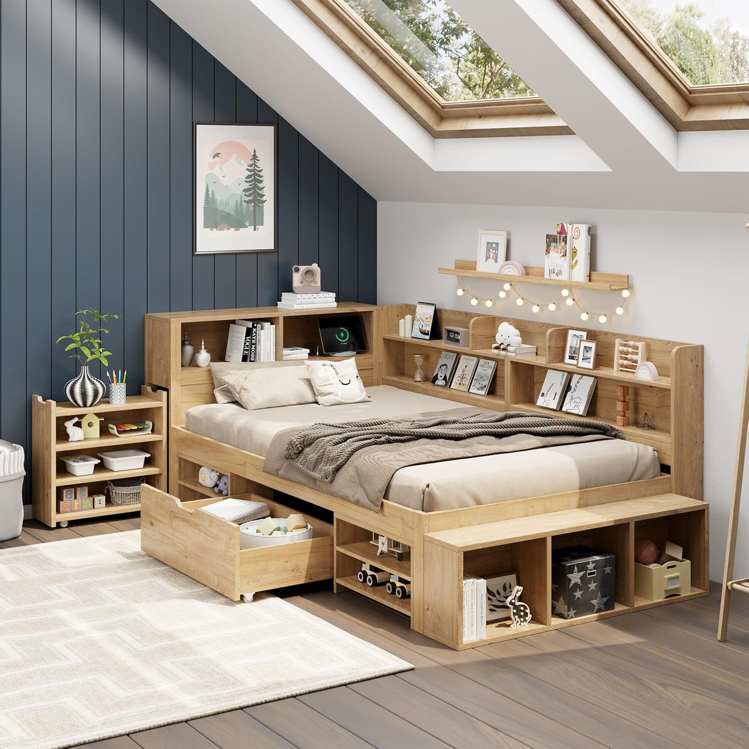 Holzbett Stauraumbett 90 x 200 cm, multifunktionales Tagesbett mit Nachtkästen, Regalen und Stauschränken, Einzelbett für Kinder und Jugendliche, Natur FK0021076