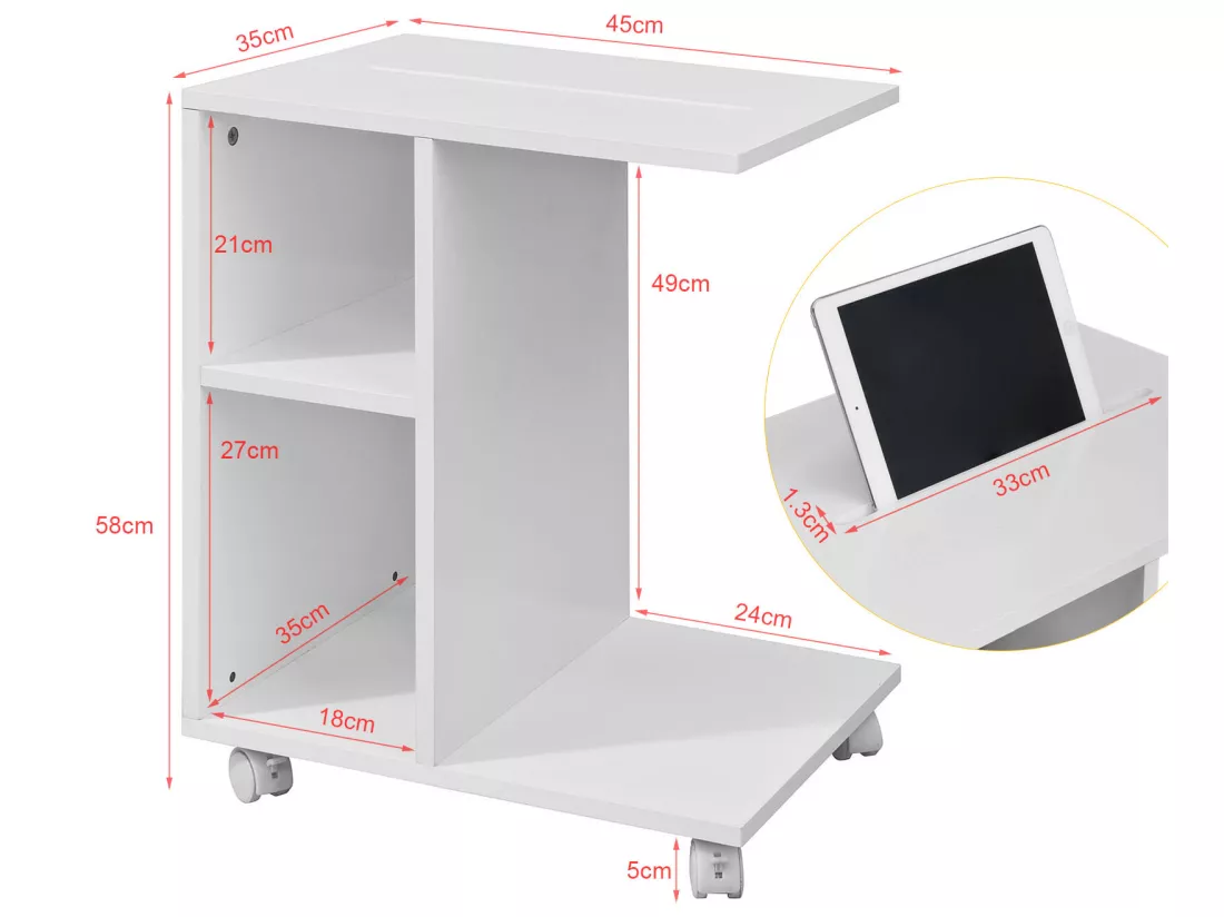 Bout De Canapé Table D’appoint Moderne Roulante Avec 2 Étagères De Rangement, Fbt48-w