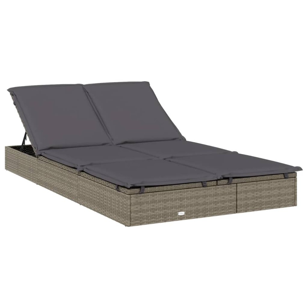 Transat chaise longue bain de soleil lit de jardin terrasse meuble d'extérieur à 2 places avec coussins gris résine tressée 0