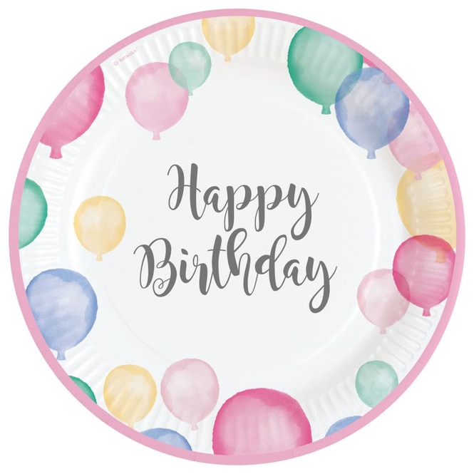 8 Teller - Happy Birthday - Pastellfarben - Ø = ca. 23 cm