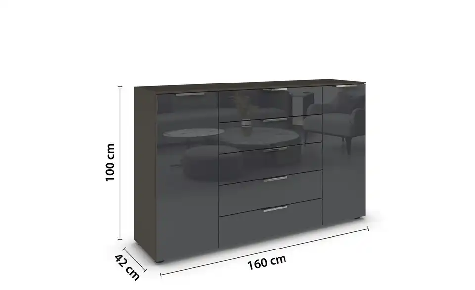Sideboard Basaltgrau, Graphit Front: Glas, Oberboden: Dekor 160 cm verchromt