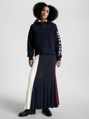 Saia maxi evasê com blocos de cores