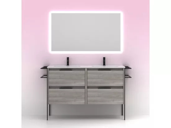 Meuble salle de bain double vasque en bois et métal KEIKO largeur 120 cm gris sablé