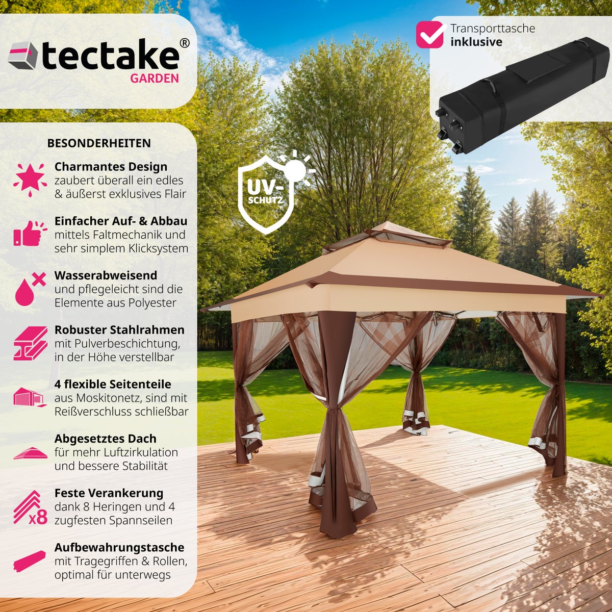 Opvouwbaar paviljoen tectake Carabobo 3,64 x 3,64 x 2,94 m inclusief scheerlijnen, haringen en draagtas