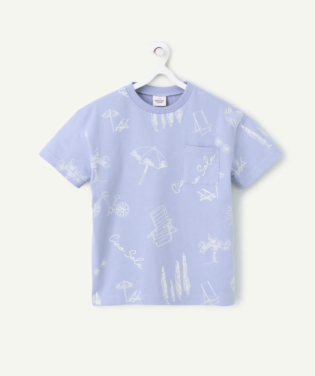 t-shirt manches courtes garçon en coton bio mauve avec imprimé