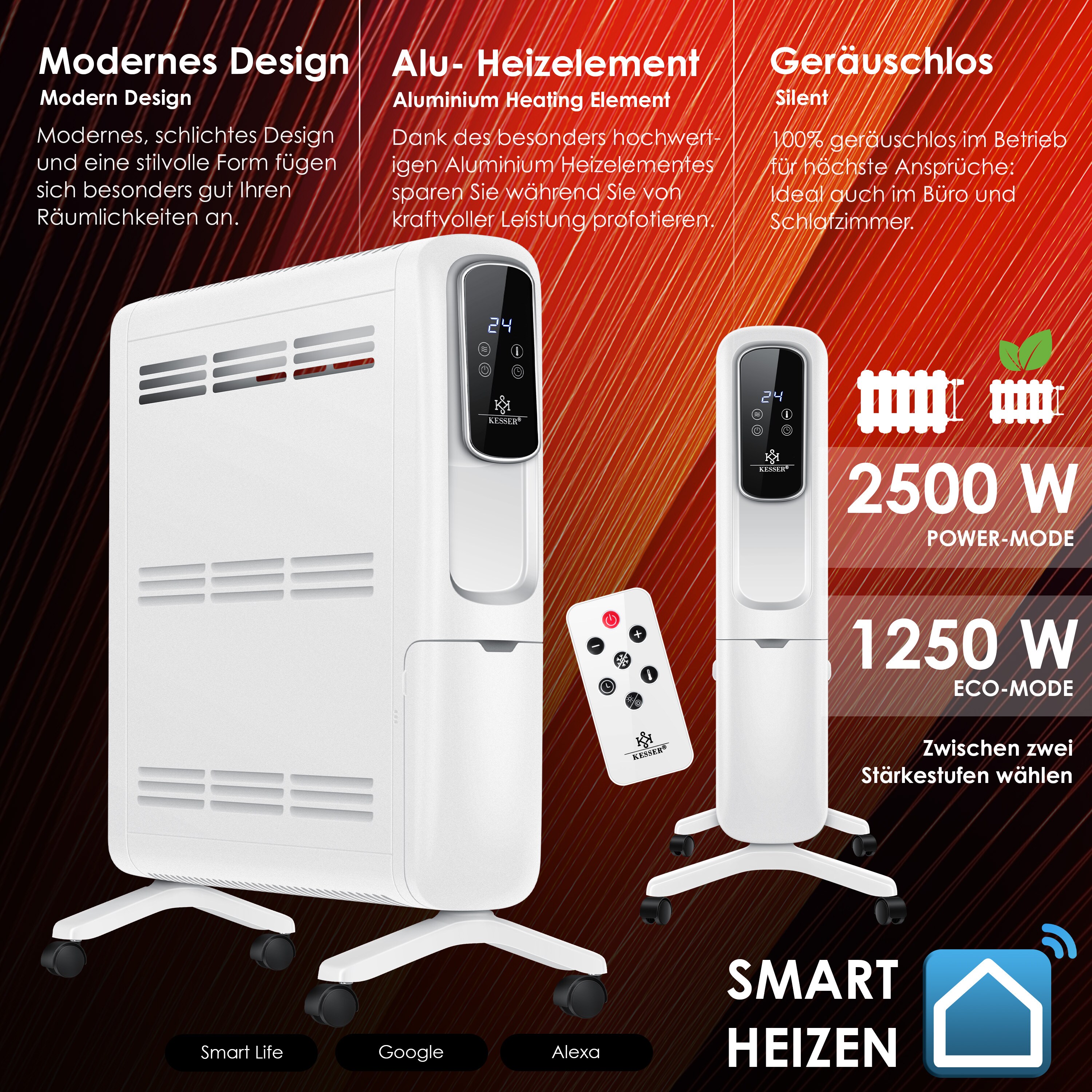 KESSER® Konvektor Elektrische Heizung ECO 2500W Heizkörper Elektroheizung Standheizung energiesparend Display WiFi App & Fernbedienung Touchscreen - Mobil Radiator 24h Timer Thermostat