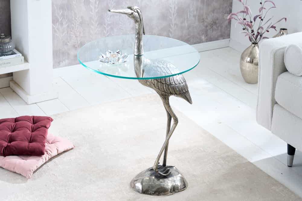 Runder Beistelltisch WILDLIFE HERON 90cm silber Metall Glas Fischreiher Skulptur handmade