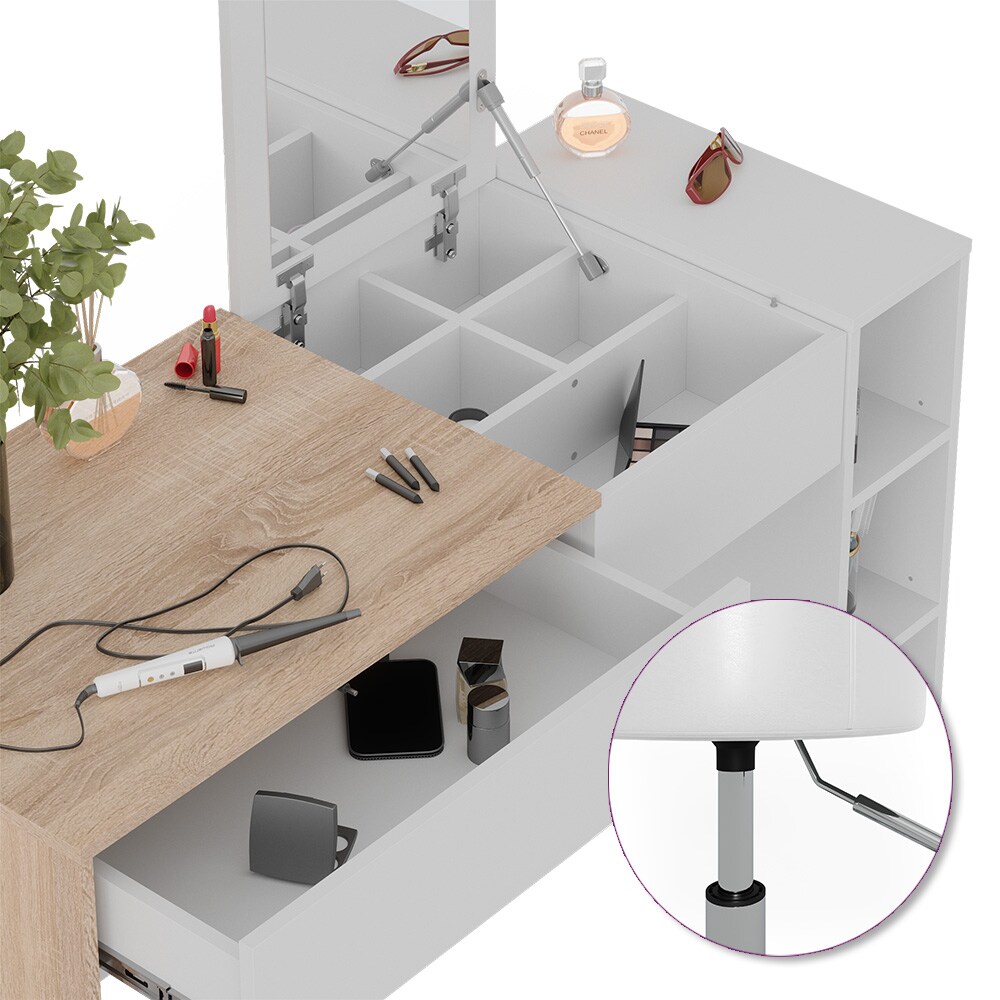 Vicco Schminktisch Kira, 129 x 76 cm, Weiß Sonoma, Frisiertisch, Spiegel, Hocker, modern