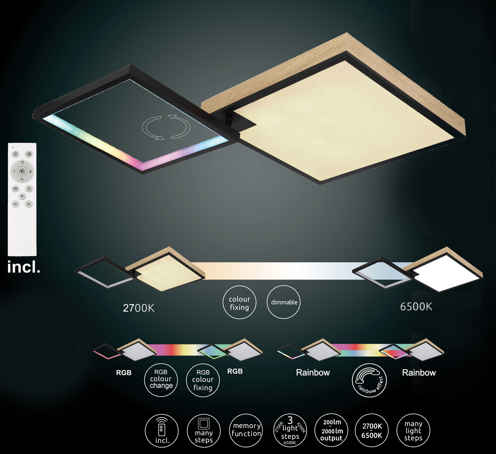 LED-Deckenleuchte JACKY - schwarz-matt - Holzoptik - 85,5 cm