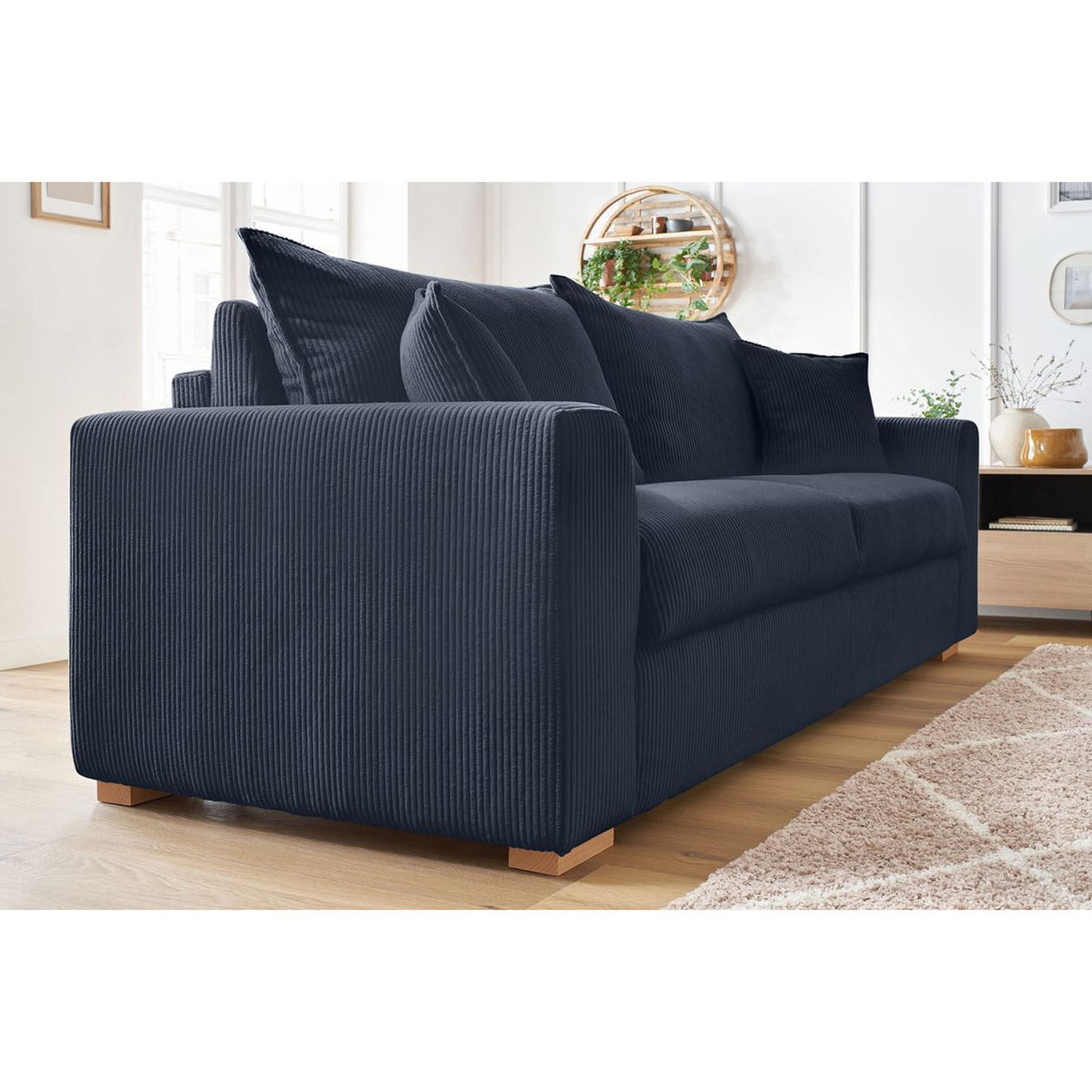 Bobochic Canapé droit convertible express en Velours côtelé 3 places Augustin bleu foncé - 205x96x97 cm