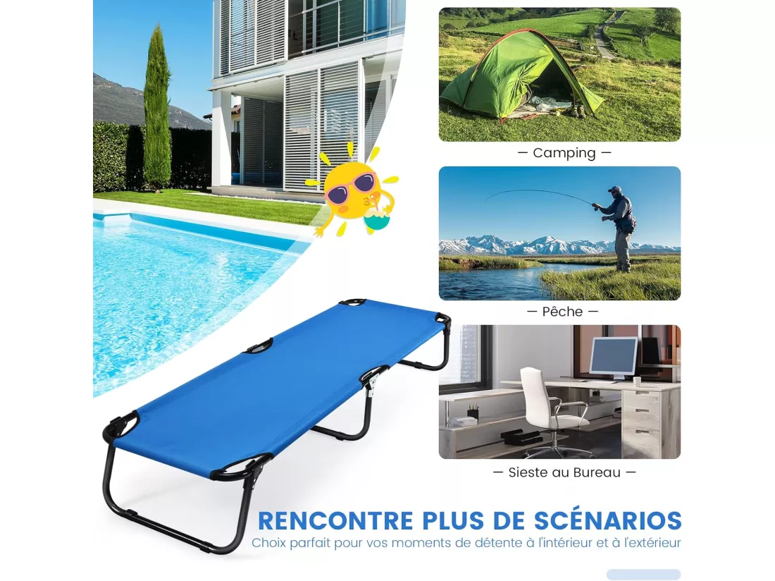 Bain de soleil Lit de Camp Pliable en Tissu et velours Oxford avec Tubes Métalliques Épaissis, Compatible Sac de Couchage, 190x56x30 cm, Bleu, 150kg
