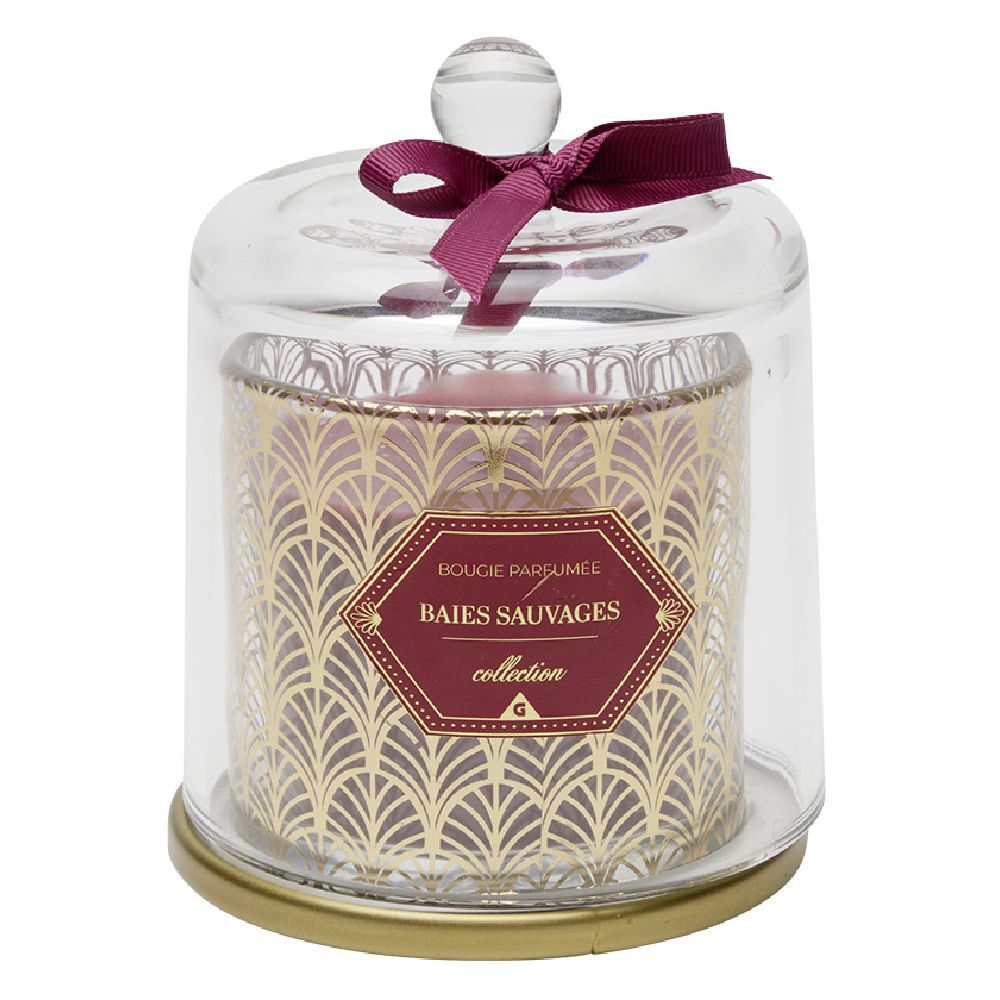 Bougie parfumée rouge sous cloche transparent doré