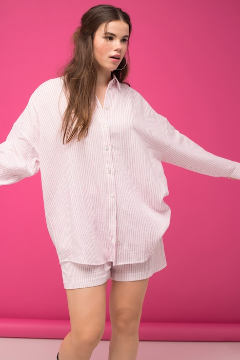 Bluse, oversized, Musselin, Streifen, Hemdkragen, Langarm