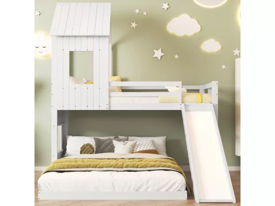 Lit superposé cabane pour enfant avec toboggan - 90x200cm et 140x200cm - Pin certifié FSC + MDF - Blanc