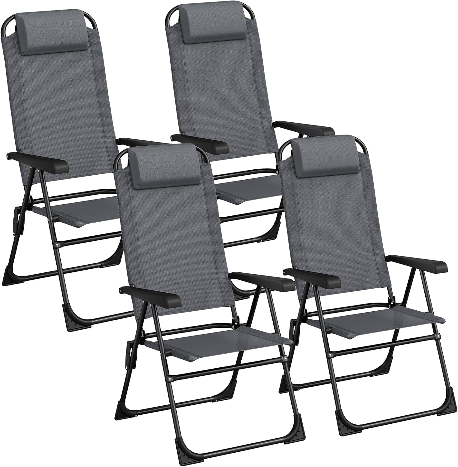 LIFERUN 4er Set Gartenstühle, Klappstühle, Campingstühle mit Kopfstütze, mit 5 verstellbaren Rückenlehnen, Balkonstühle Hochlehne, Outdoor-Stühle für Garten, Terrasse, Camping, Grau, 4 PCS QD9177280