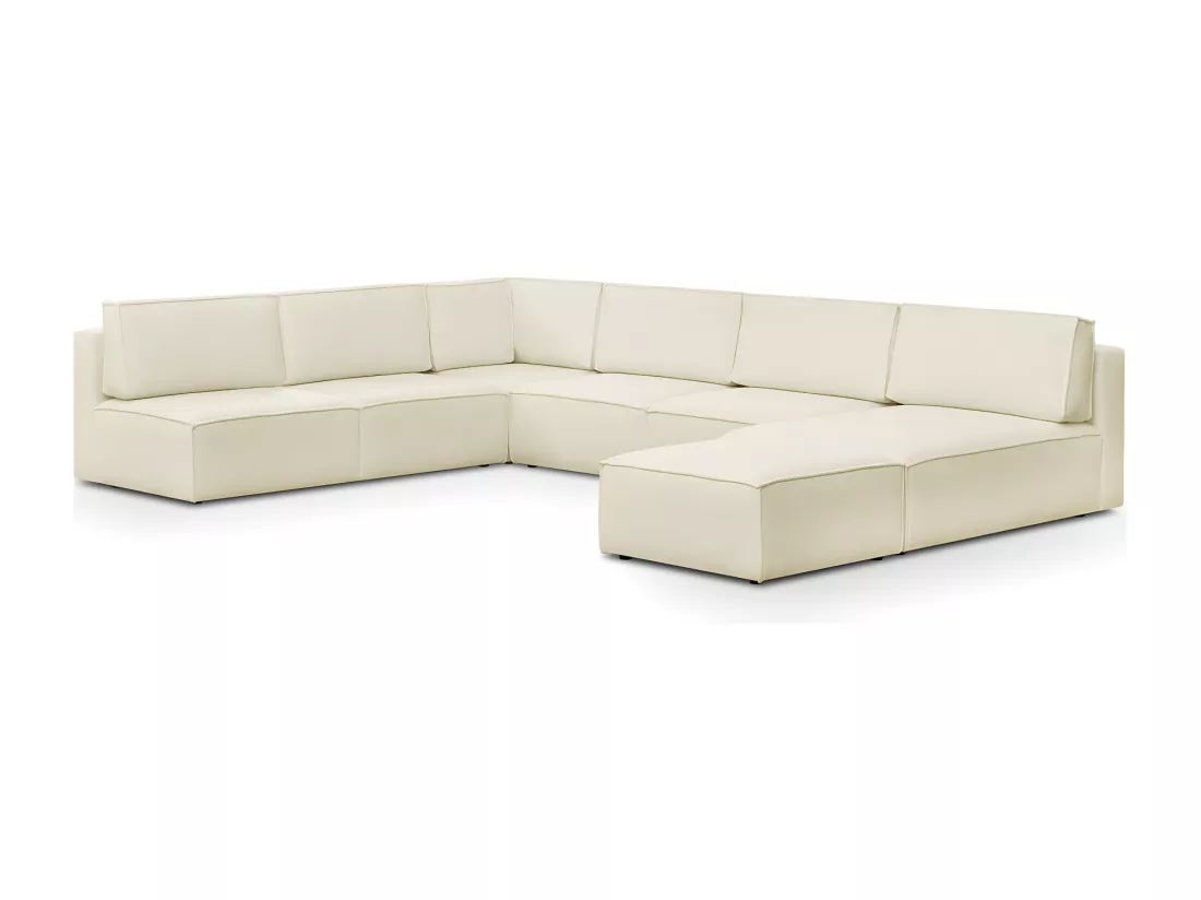Canapé d'angle à gauche panoramique modulable convertible 10 places avec pouf en tissu bouclé écru - Harper Mod