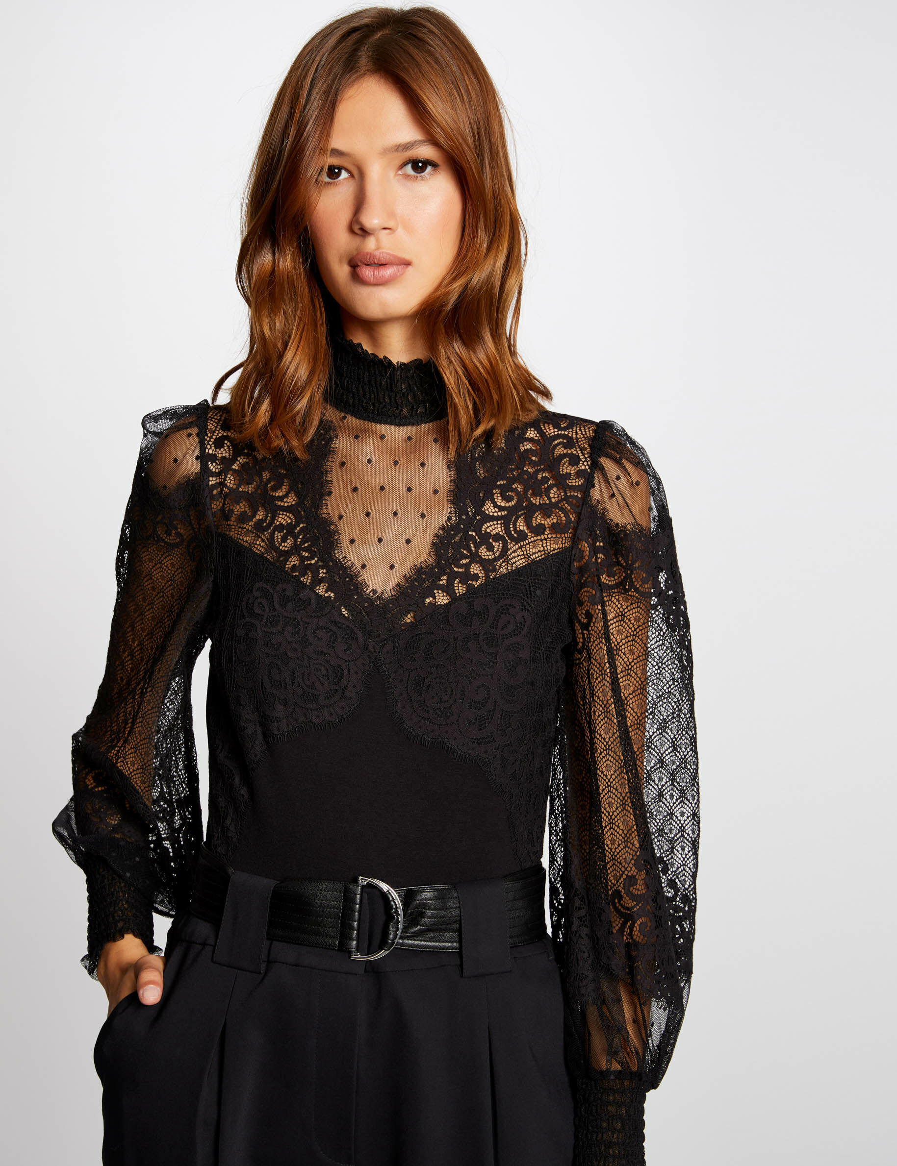Body manches longues à dentelle noir femme - noir