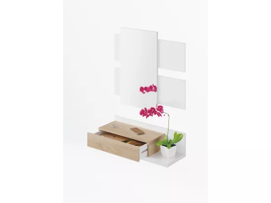 Meuble d'entrée avec miroir, coloris blanc Artik Mate / chêne canadien en mélamine - Dim : 20 x 75 x 29 cm