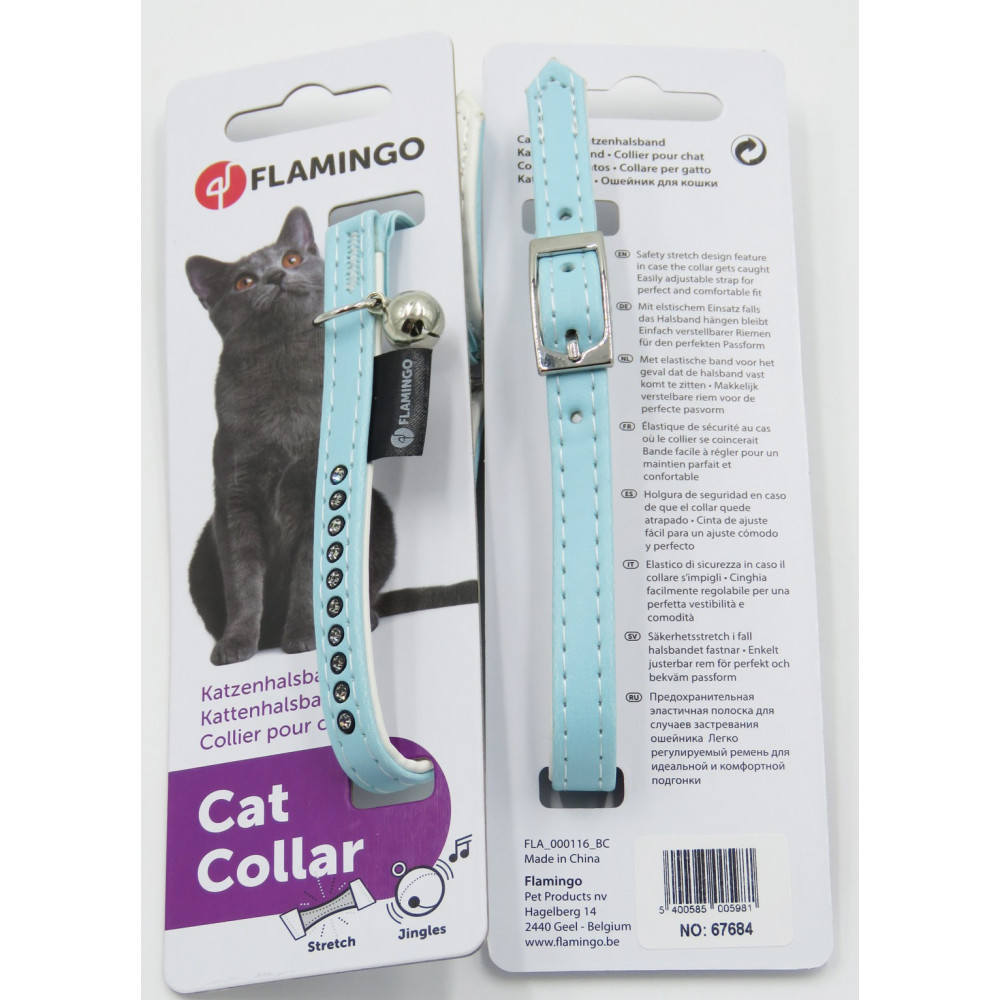 Collier 30 cm x 11 mm bleu clair avec strass et clochette pour chat