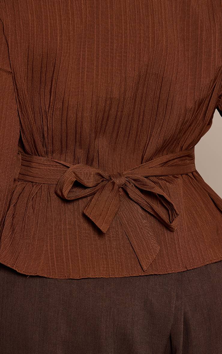 Marron Chemise Grande Taille En Satin Texturé Avec Nœud Au Dos