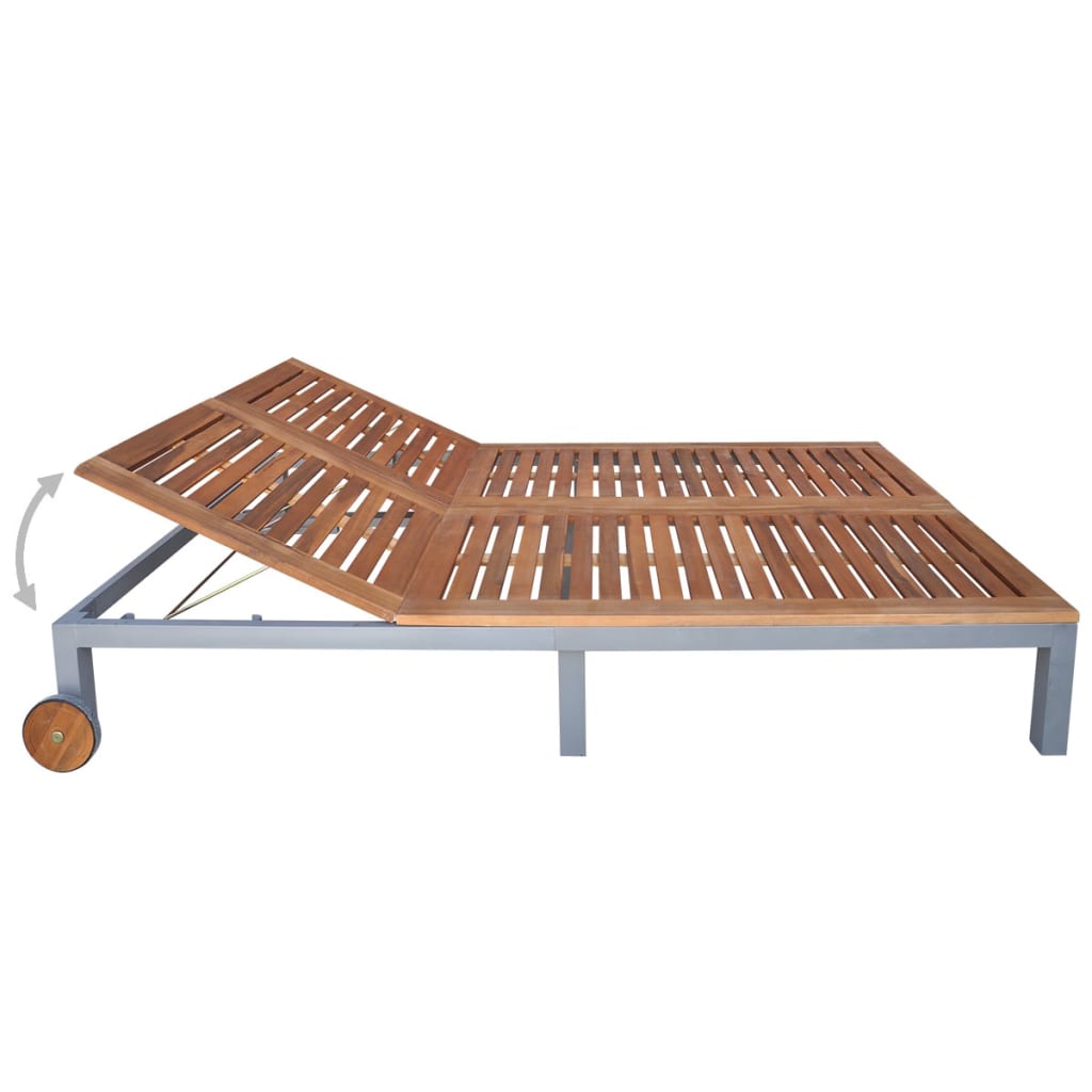 Transat chaise longue bain de soleil lit de jardin terrasse meuble d'extérieur 2 places avec coussin acacia solide et acier 0