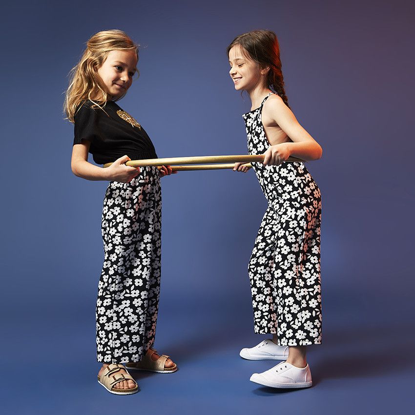Pantalon large en jersey imprimé fleuri pour fille - Noir