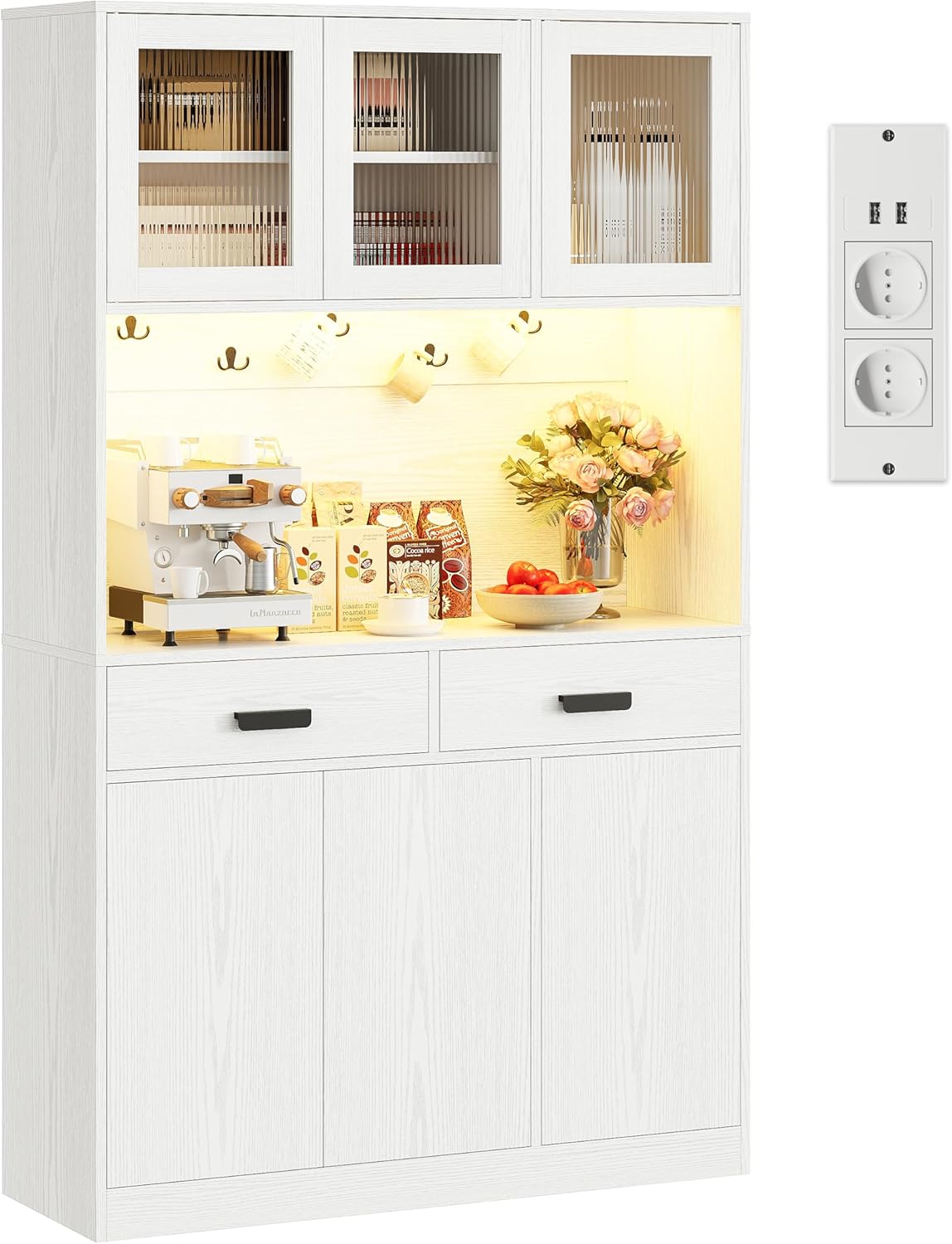 IRONCK Hocher Küchenschrank mit LED Beleuchtung & Steckdose USB Ladeports, Buffetschrank mit Arbeitsplatte 2 Schubladen Magnettüren Sideboard für Kaffeebar Küche Wohnzimmer Esszimmer 180x110x38cm Weiß