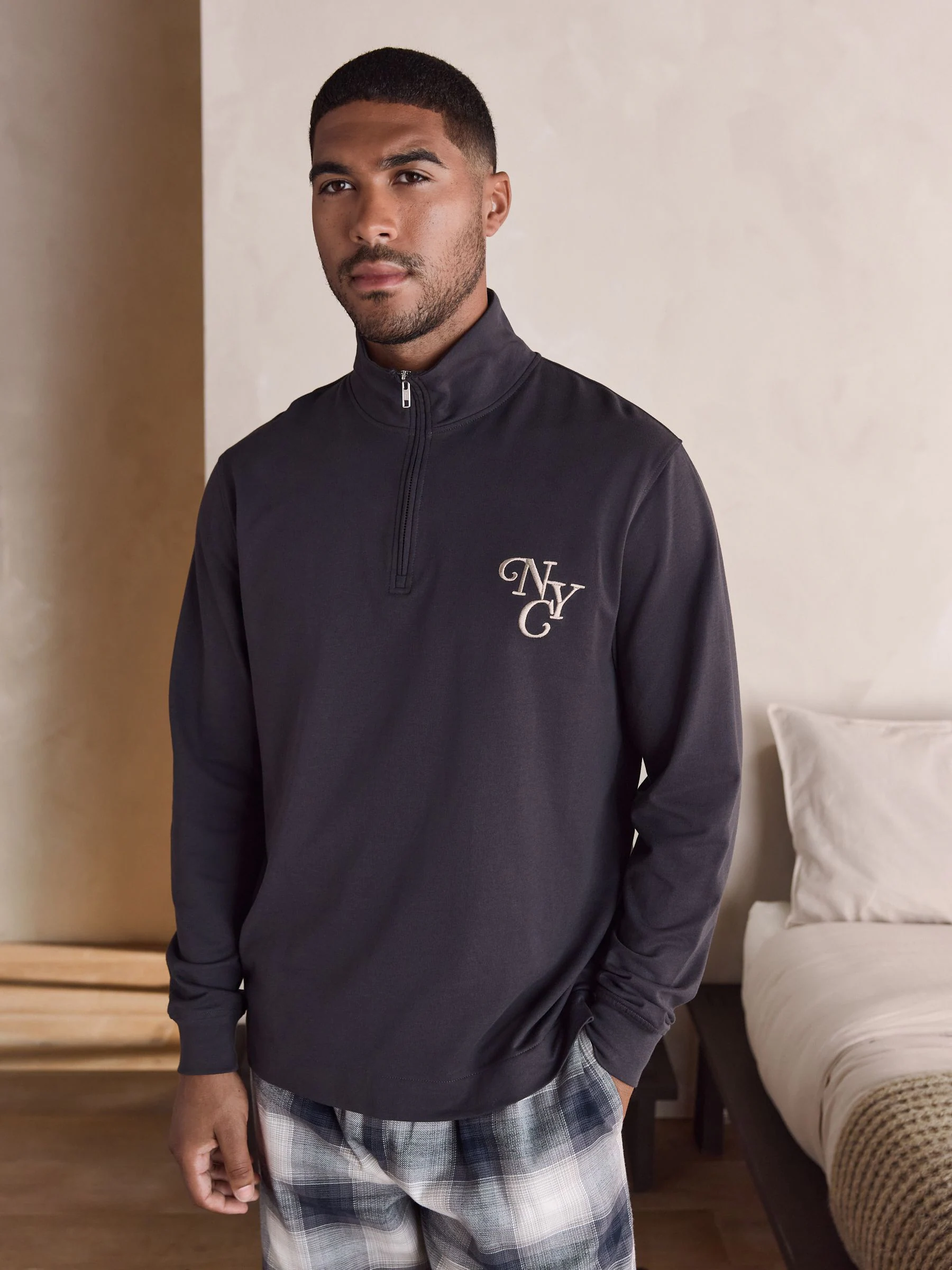 Leisteen grijs - Long Sleeve Embroidered Quarter Zip Pyjamas Set
