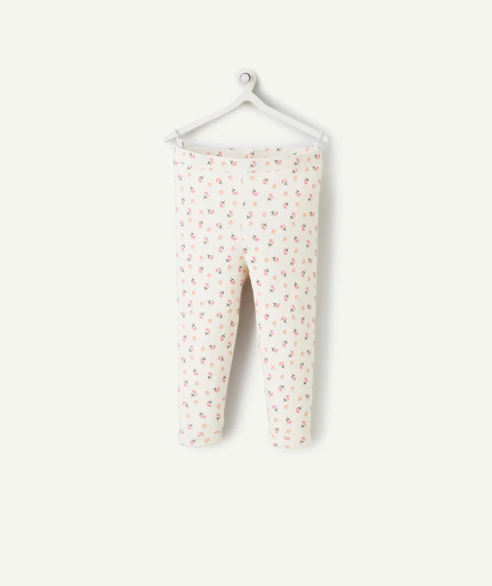 LEGGING BÉBÉ FILLE EN COTON BIO BLANC CÔTELÉ AVEC IMPRIMÉ FLEURI