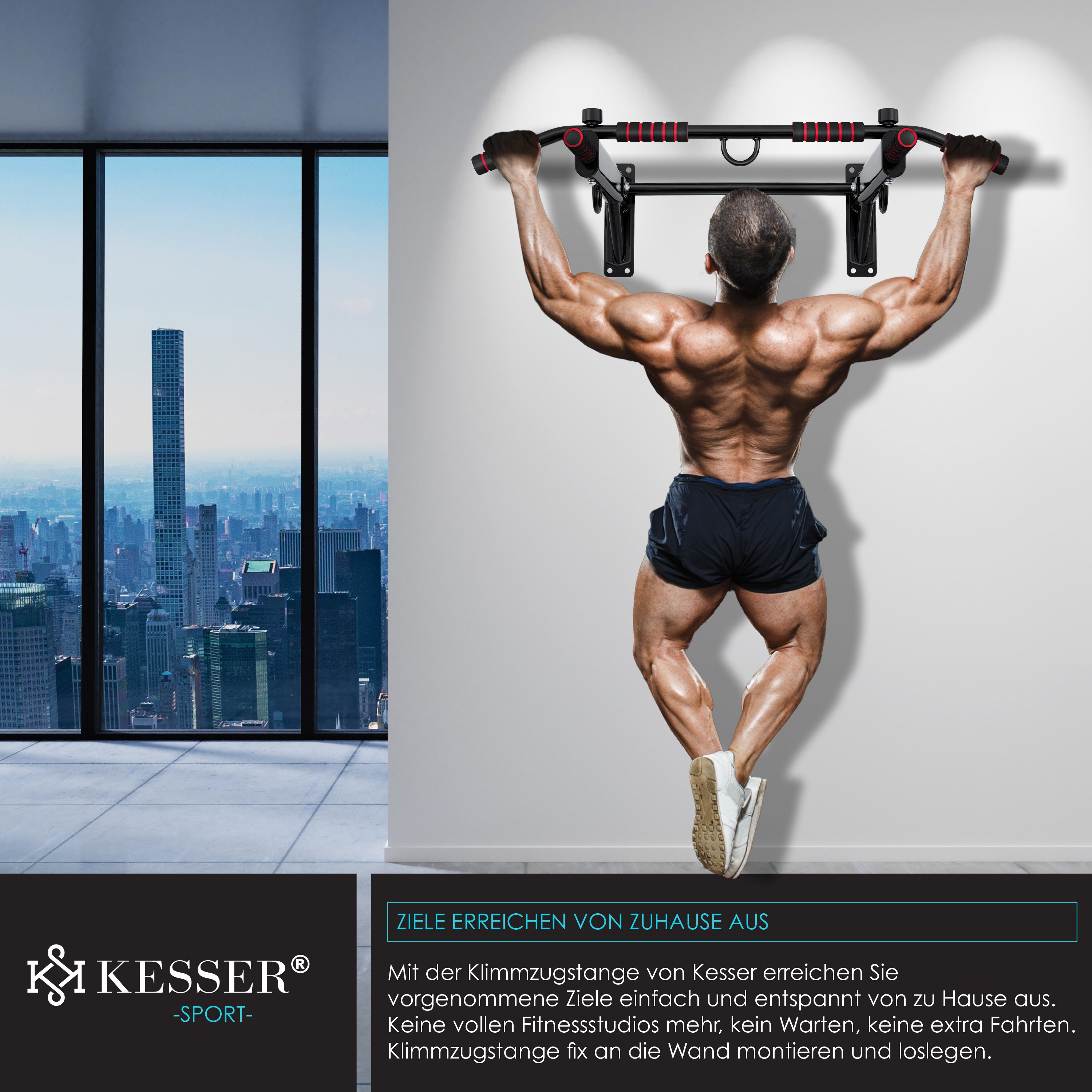 KESSER® 4in1 Klimmzugstange zur Wandmontage rutschfesten Griffen zusätzliche Funktion für Seile Ringe und Boxsäcke mit verschiedenen Griffpositionen | sicher & stabil | Pull Up Bar für zuhause