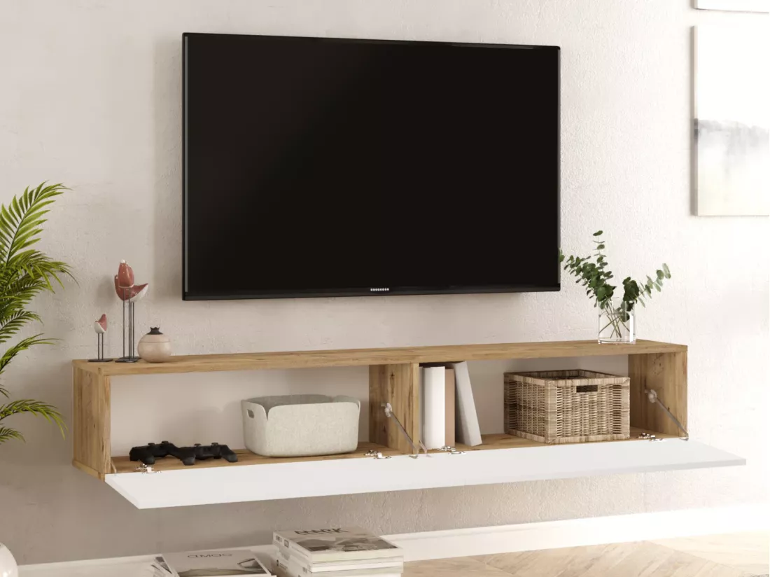 Meuble TV suspendu avec 2 portes - Blanc et naturel - AUBEPINA