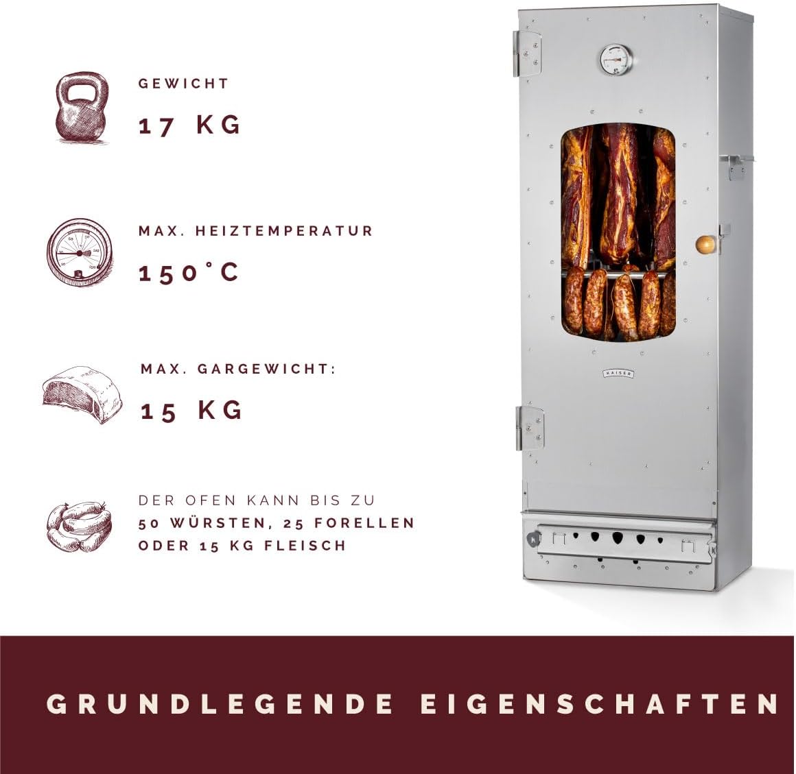 KAISER COMPANY '100' Hochwertiger Räucherofen/Räucherschrank aus Edelstahl - Holzbefeuerung I Tragbarer Smoker 110 cm I Perfekt zum Räuchern I Passen bis zu 15kg Fleisch I mit Zubehör I NICHTROSTEND