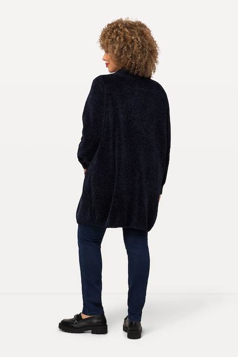 Chenille-Strickjacke, Oversized, V-Ausschnitt, offene Form