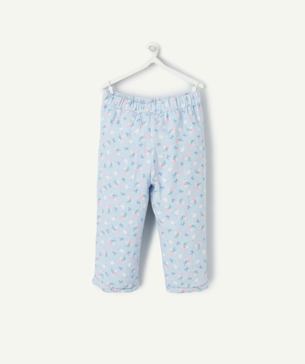 pantalon droit bébé fille en gaze de coton bleu imprimé à fleurs