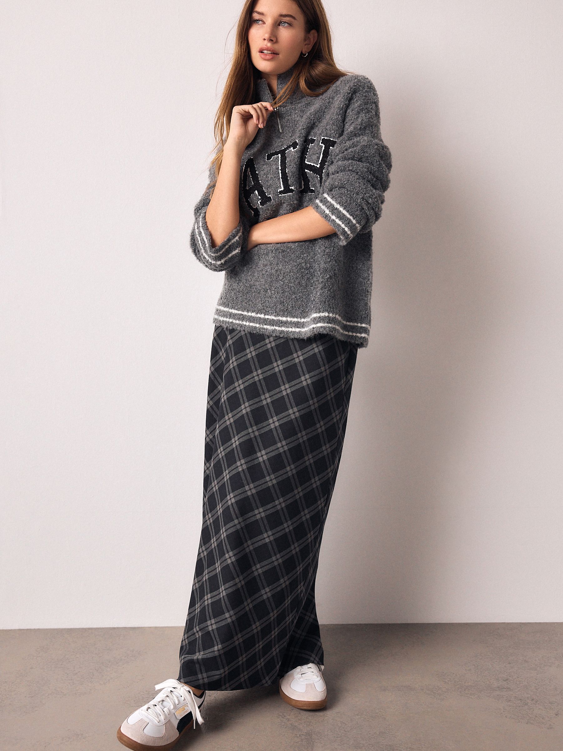 Grijs - Ruit Midi Slip Rok