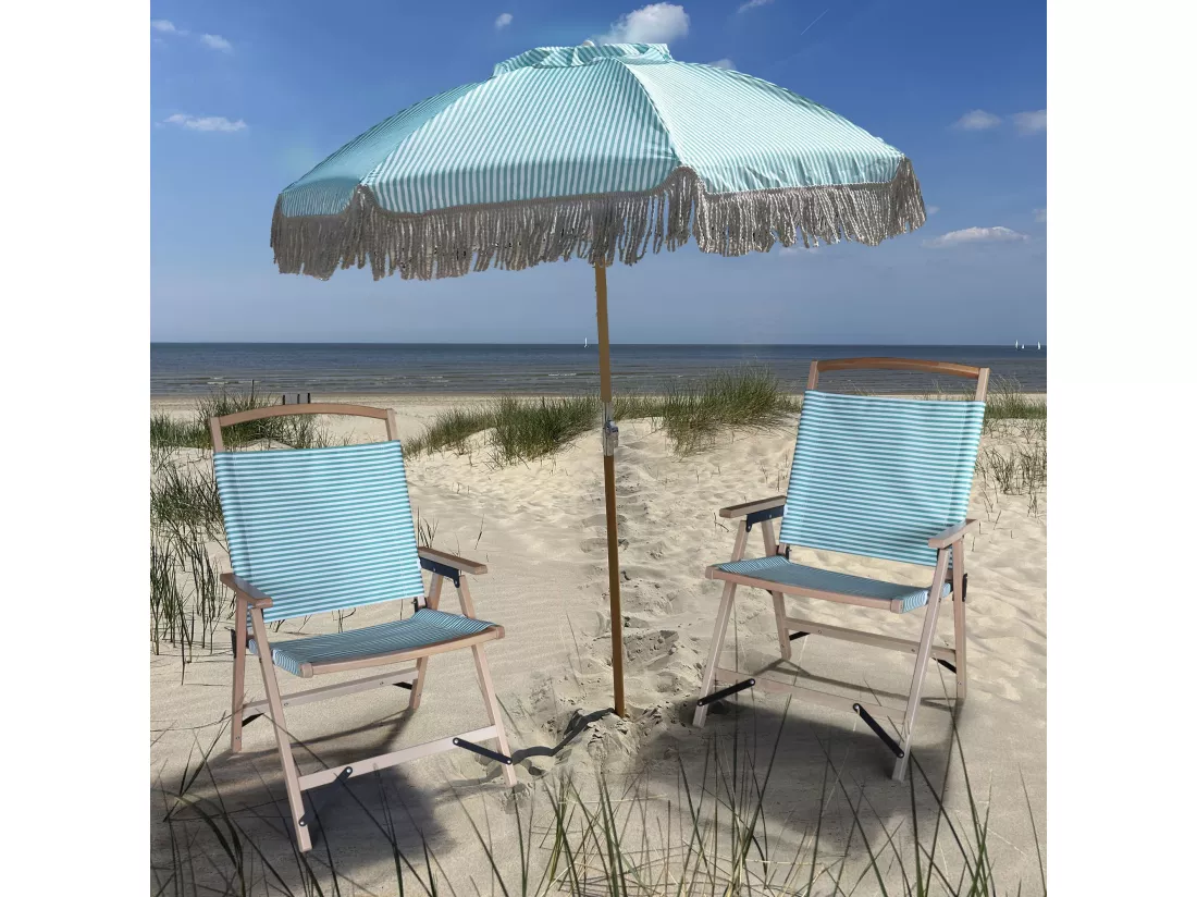 Now's Home - Parasol En Polyester Rayure Vert Avec Frange Diam 180cm Playa
