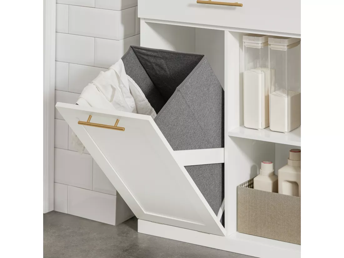Armoire À Linge Avec Bac À Linge Pliable Meuble Bas Commode Pour Salle De Bain, BZr66-w