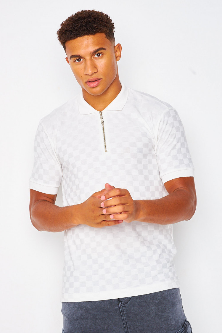 Polo blanc imprimé damier