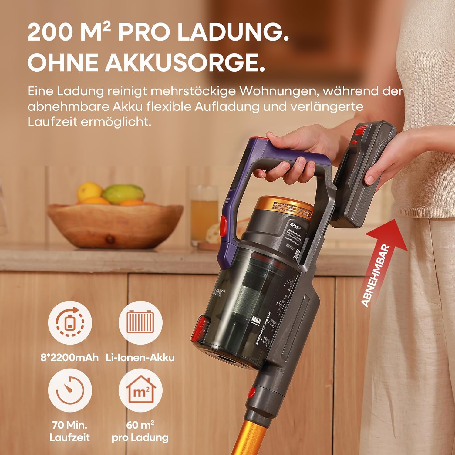 KIPMAX Akku Staubsauger 50000Pa/550W/70Min,1.5L Staubsauger Kabellos mit Display,Anti-Tangle-Bürste,7-Schicht-Filtra & 2 Duftplatten,Selbststehend Akkustaubsauger für Teppiche/Tierhaar/Hartböden