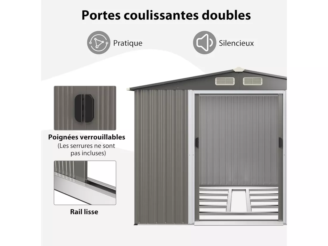 Abri de Jardin 4.7㎡en Acier Galvanisé Anti-UV, 260 x 207 x 181 CM, Cabane de Jardin Exterieur 9.7 m³ avec Fondation et Porte Coulissante, Rampe, 4 Trous d’Aération, 4 Gants Inclus, Gris