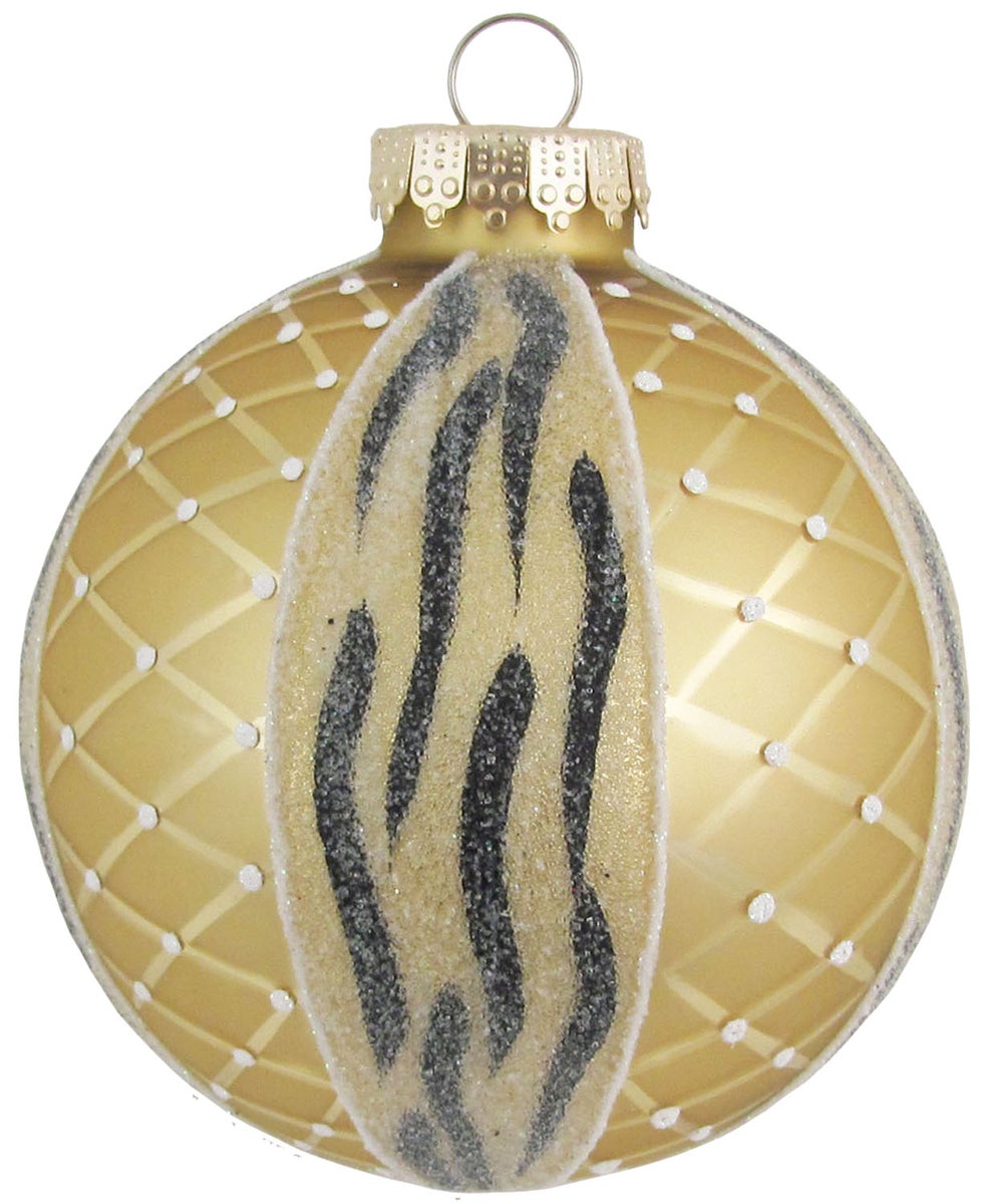 Gouden matte glazen bol van 8 cm met zebramotief, met de hand versierd (1 stuk), 1 st., Kerstballen, Kerstboomversieringen, Kerstboomornamenten