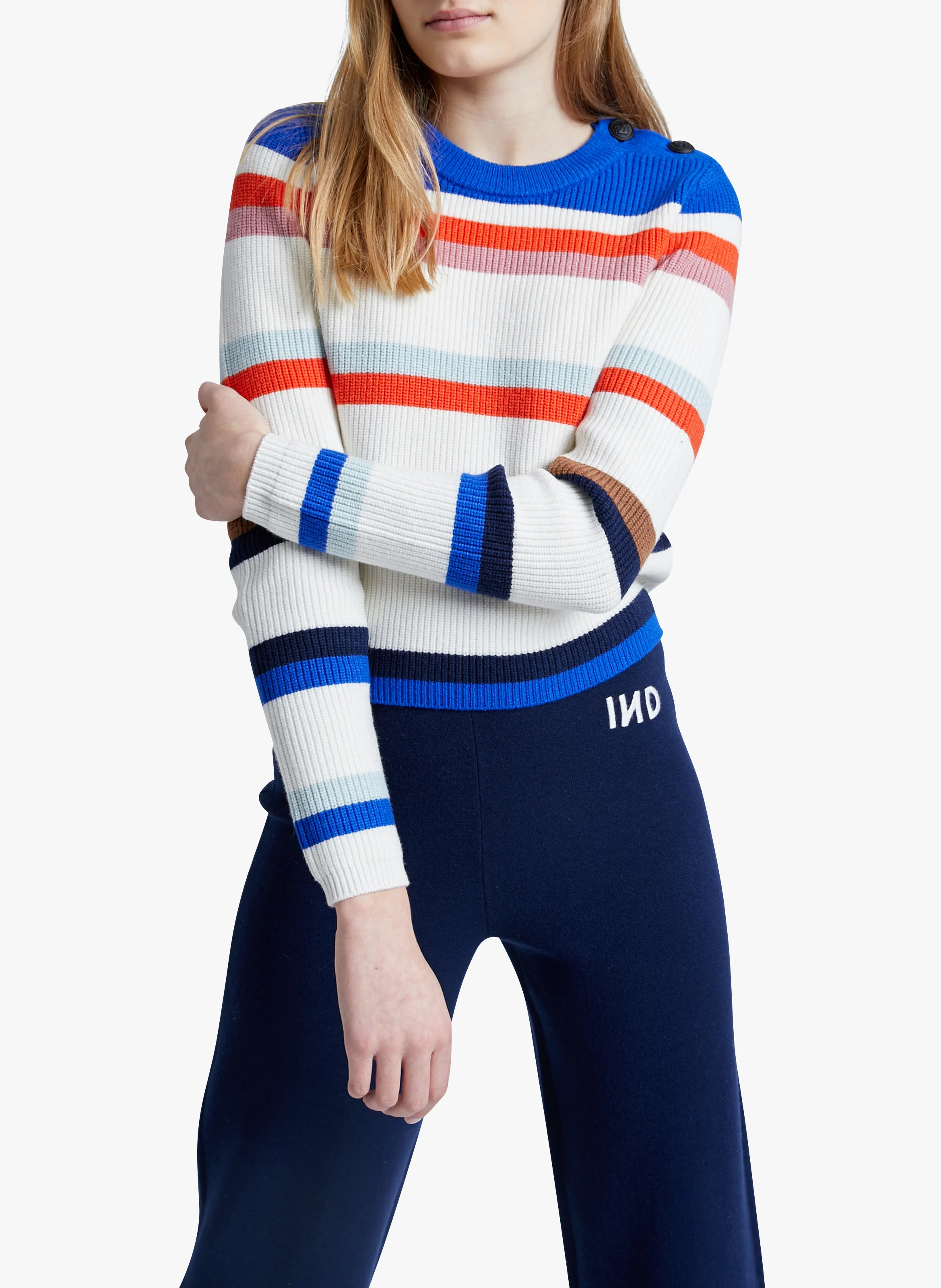 MULAN - Pull col rond en maille rayée | Bleu