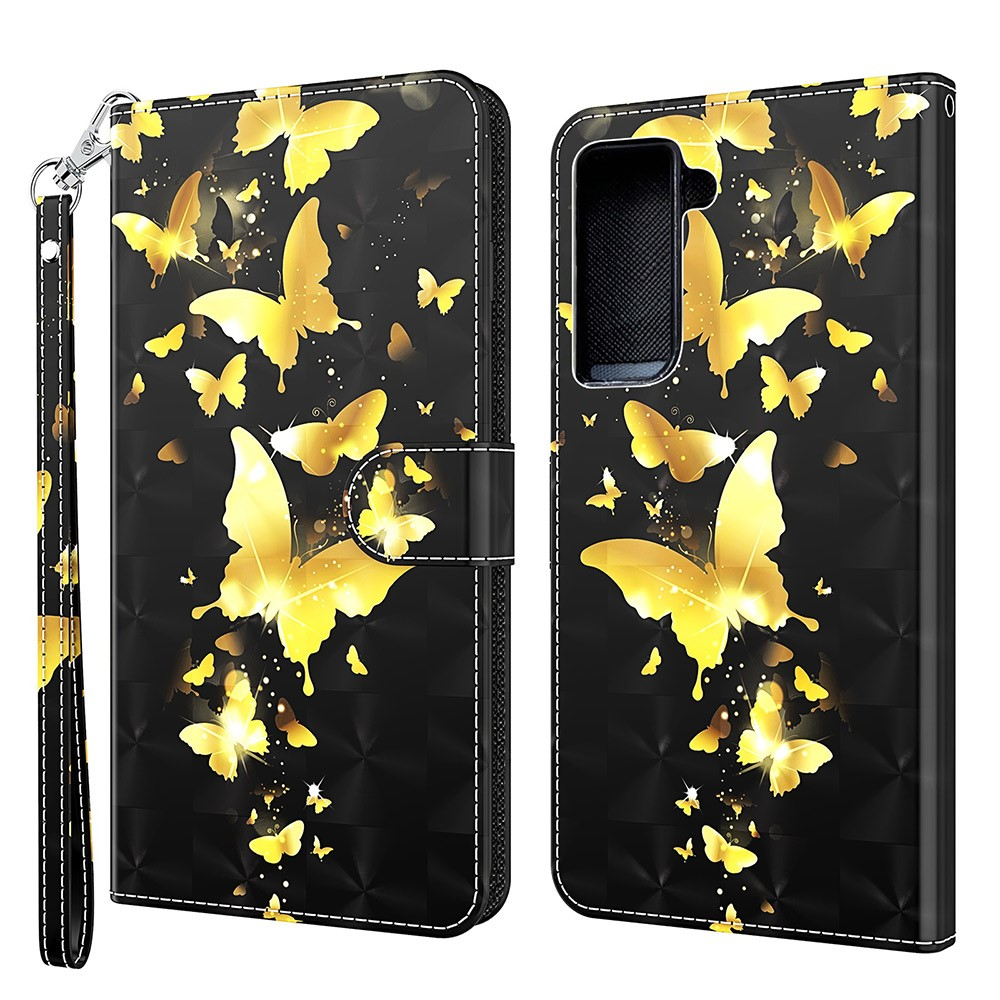 Samsung Galaxy S21 FE 5G Leder Tasche mit Kartenfach   Handschlaufe - Schmetterling (Schwarz / Gold)