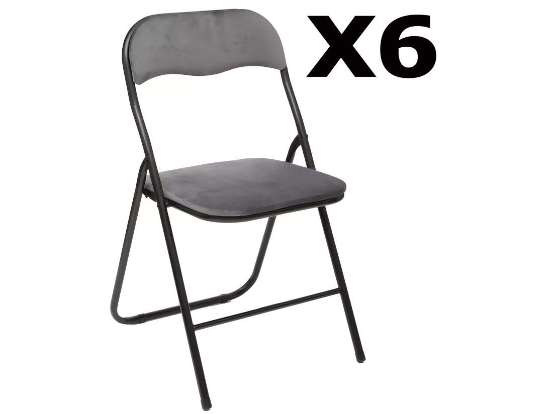 Lot de 6 chaises pliantes velours gris foncé - Longueur 44 x Hauteur 79 x Profondeur 52 cm