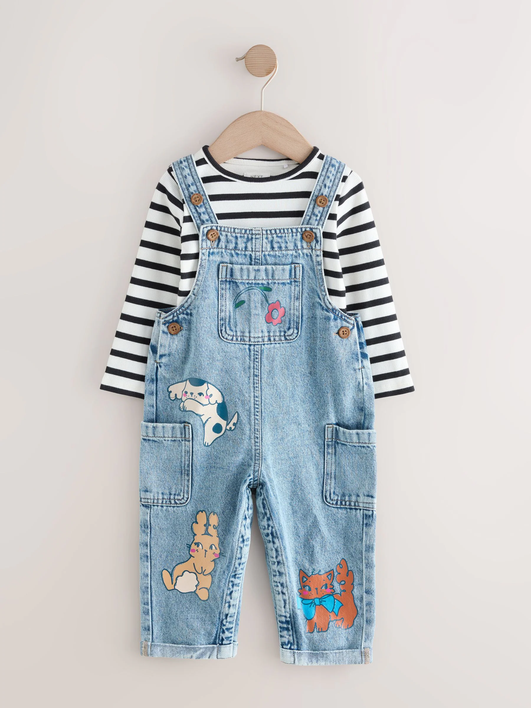 Middenblauw denim - Set van tuinbroek met dierenprint en gestreept T-shirt (3mnd-7jr)