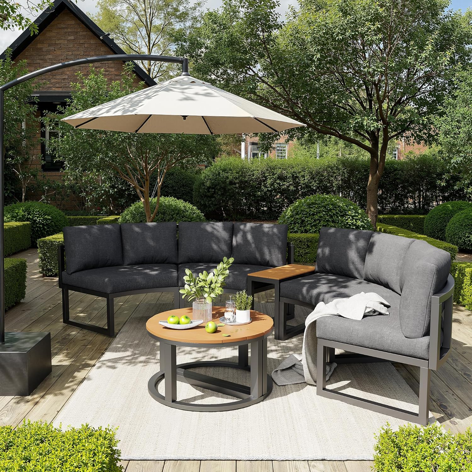 Merax Gartenmöbel Set für 4-6 Personen, Gartenlounge Lounge Set aus Metallrahmen, Balkonmöbel Outdoor Sitzgruppe mit Beistelltisch & Kissen, Elegante runde Sofagarnitur, Wetterfest für Terrasse, Grau